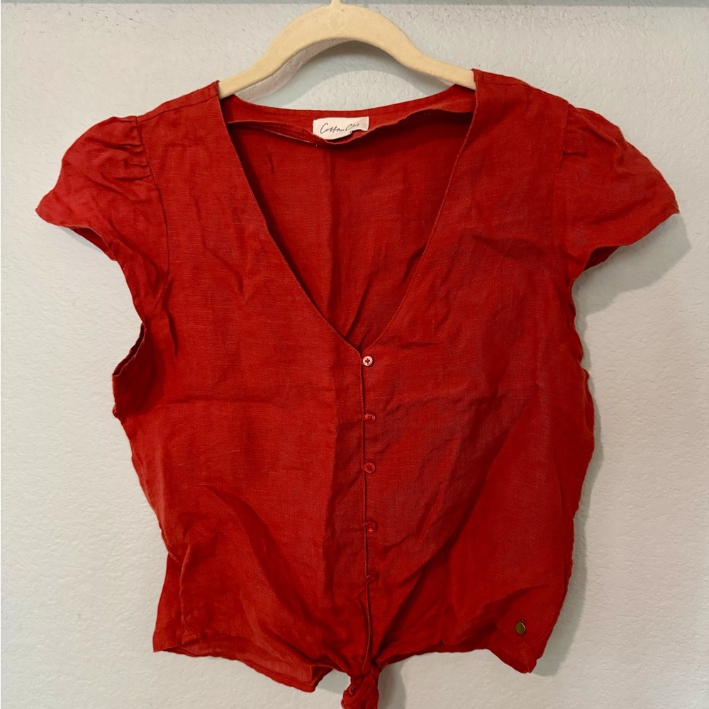 Cotton Club burnt orange V-Neck Button Front Tie Hem Top